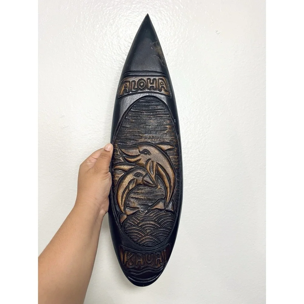 Hawaii Hand Carved Wood Wall Surfboard Dolphin, Seascape Aloha Kauai‎ 20 Inches